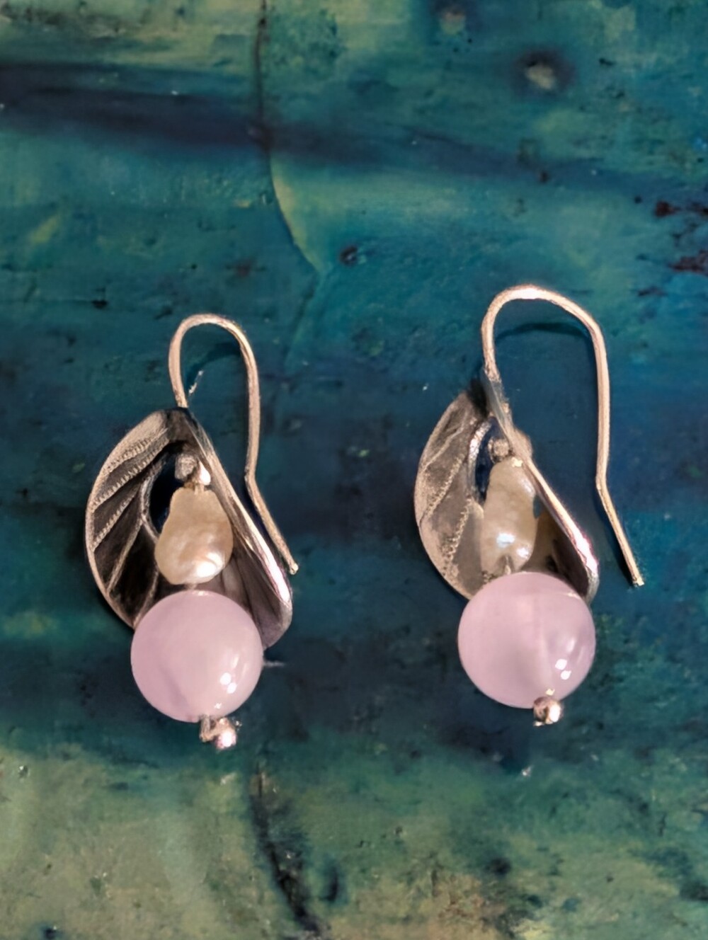 Sterling Silver Leaf Drop Earrings with Rose Quartz And Freshwater Pearl